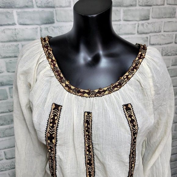 Joie Womens L Off White Gauzy Cotton Embroidered Boho Flowy‎ Top Long Sleeve - Picture 2 of 8